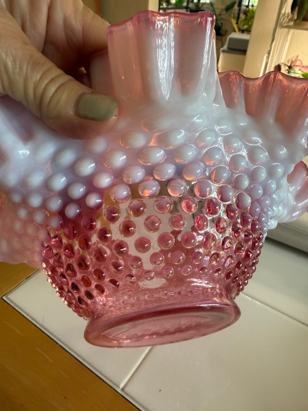 Fenton Pink Ruffled Hobnail Glass Bowl - Decorative Home Art - Picture 2 of 4